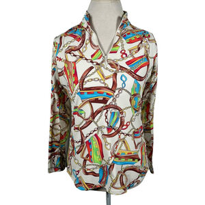 Icikuls 1/4 Zip pullover Golf Top Ivory Horse Bit Buckle Equestrian Print Size S